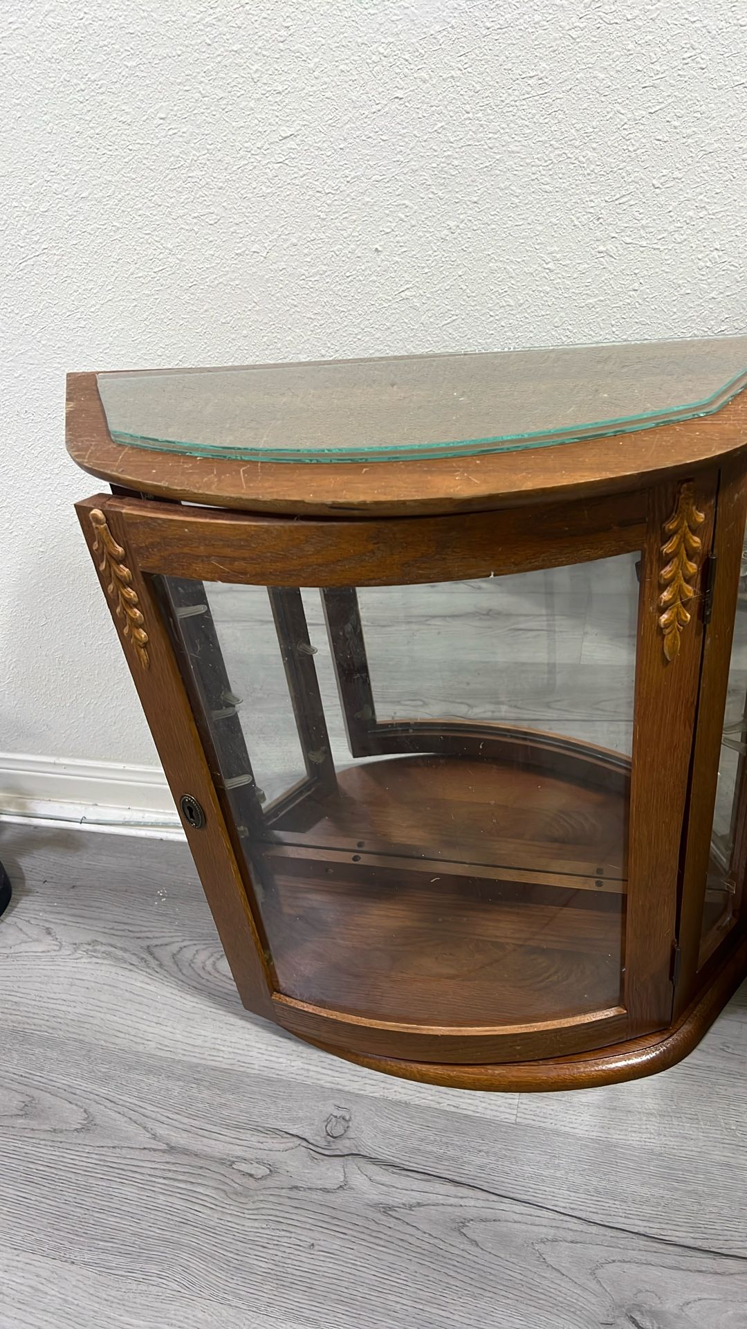 Antique Cabinet With Key Wood Curved Glass 24x24x 9”