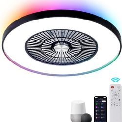24" Bladeless Ceiling Fans with Lights and Remote/APP/Voice Control, Low Profile Ceiling Fan with RGB Lights, Enclosed Flush Mount Ceiling Fan