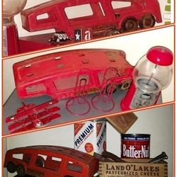 VINTAGE INDUSTRIAL FIRE RED STRUCTO AUTO TRANSPORT NO. 706 STEEL METAL TOY TRUCK WAGON COLLECTABLE 