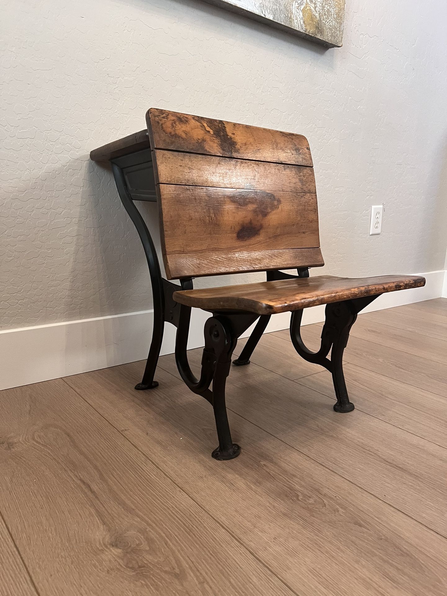 Antique American Seating Co. #5 School Desk with Folding Seat, Wood & Cast Iron