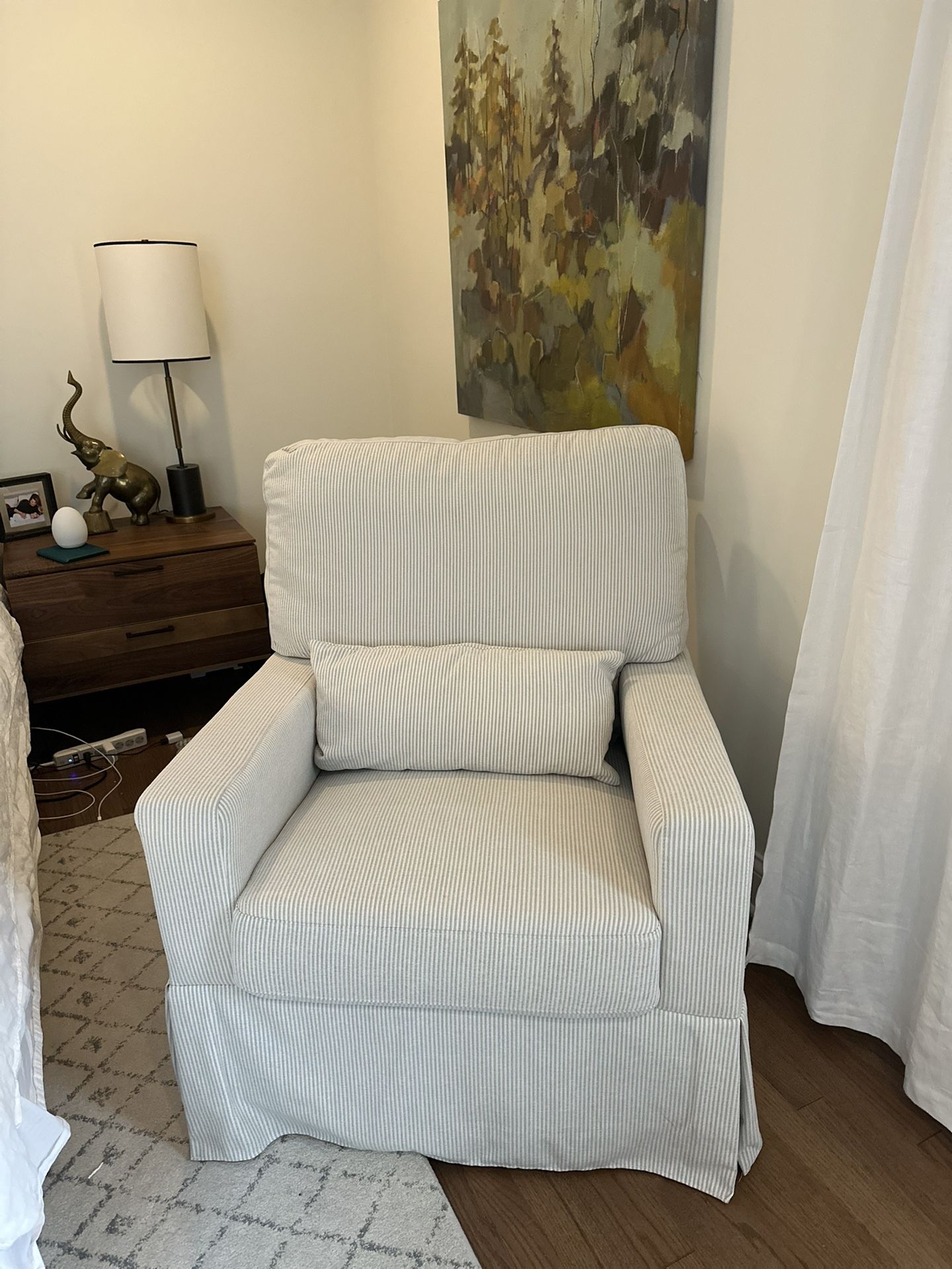 Namesake Crawford Pillowback Comfort Swivel Glider for Nursery in Fog Chatham Stripe