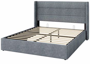 SHA CERLIN Queen Size Lift Up Hydraulic Storage Bed Frame Blue Grey Modern Wingback Headboard, Upholstered Platform Bed Frame, Hydraulic Underneath St