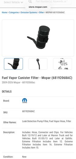 Fuel Vapor Canister Filter - Mopar ((contact info removed)8AC) 2009-2026 Mopar - (contact info removed)8ac
