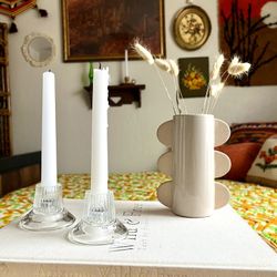 Vintage Ribbed Glass Candleholders Set Of 2