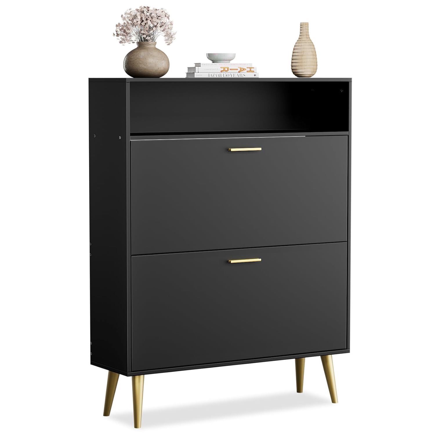 Shoe Cabinet for Entryway Slim, Black Shoe Storage Cabinet with 2 Flip Drawers, Narrow Shoe Rack Cabinet, Freestanding Shoe Cabinet Organizer with Ope