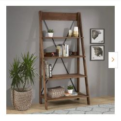 68 in. Brown Wood 4-shelf Ladder Bookcase with Open Back