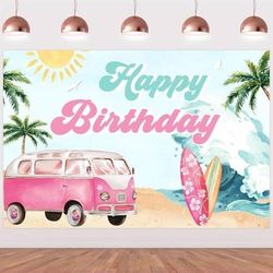 NEW 5ft x 3ft Surf Happy Birthday Backdrop Summer Surfing Birthday Party Decorations Surf Van Surfboard Palm Tree Beach Hawaiian Theme Photography Bac