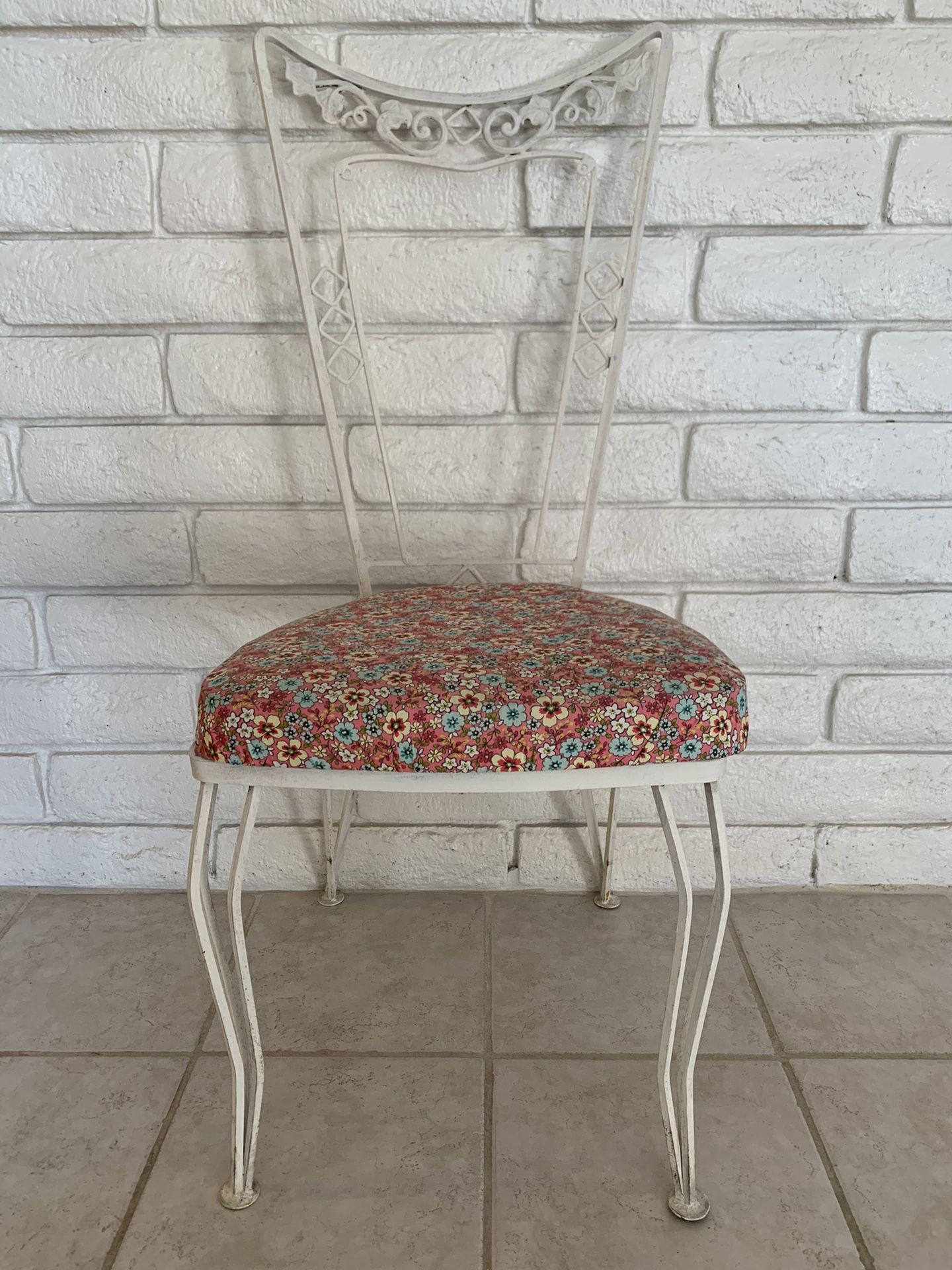 Vintage White Painted Iron Metal With Floral Seat Chair