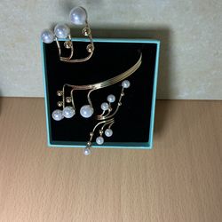 Elegant Gold Pearl Brooch & Earrings Set