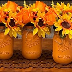 Chalk painted distressed mason jars wedding fall gift - SUNFLOWER ORANGE ROSES