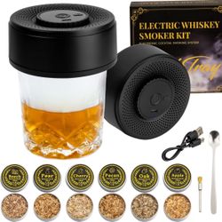 Electric Whiskey Smoker Kit with 6 Wood Chips - Rechargeable Flame-Free Cocktail Smoker, USB-C Charging & Magnetic Safety Cover, Bourbon Gift Set for 