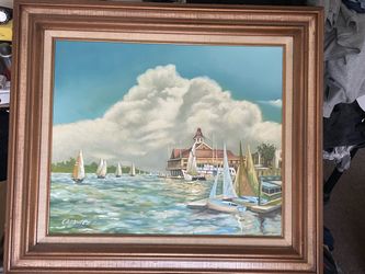 Calbwell Signed Harbor Sailboat water Painting