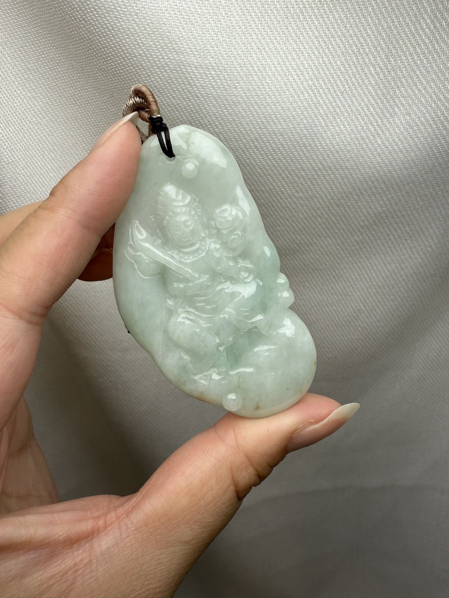 Certified Burma Jadeite Jade Engraved Bodhisattva Pendant Cord Necklace