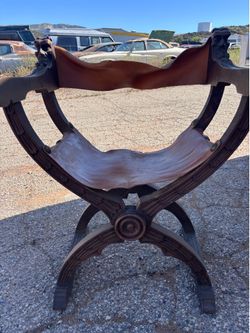 Vintage Carved Wood Savonarola X-Chair with Leather Seat