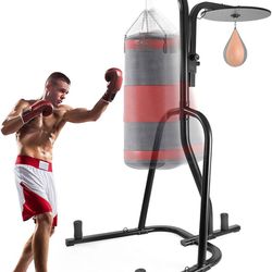 Height Adjustable Steel Punching Bag Stand, Boxing Stand for Sandbag and Speed Bag, Dual Station Boxing Training Equipment, 3 Plate Pegs, Home and Gym