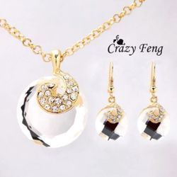 Women's18k Yellow Gold Plated White Austrian Crystal Chain necklace and earrings