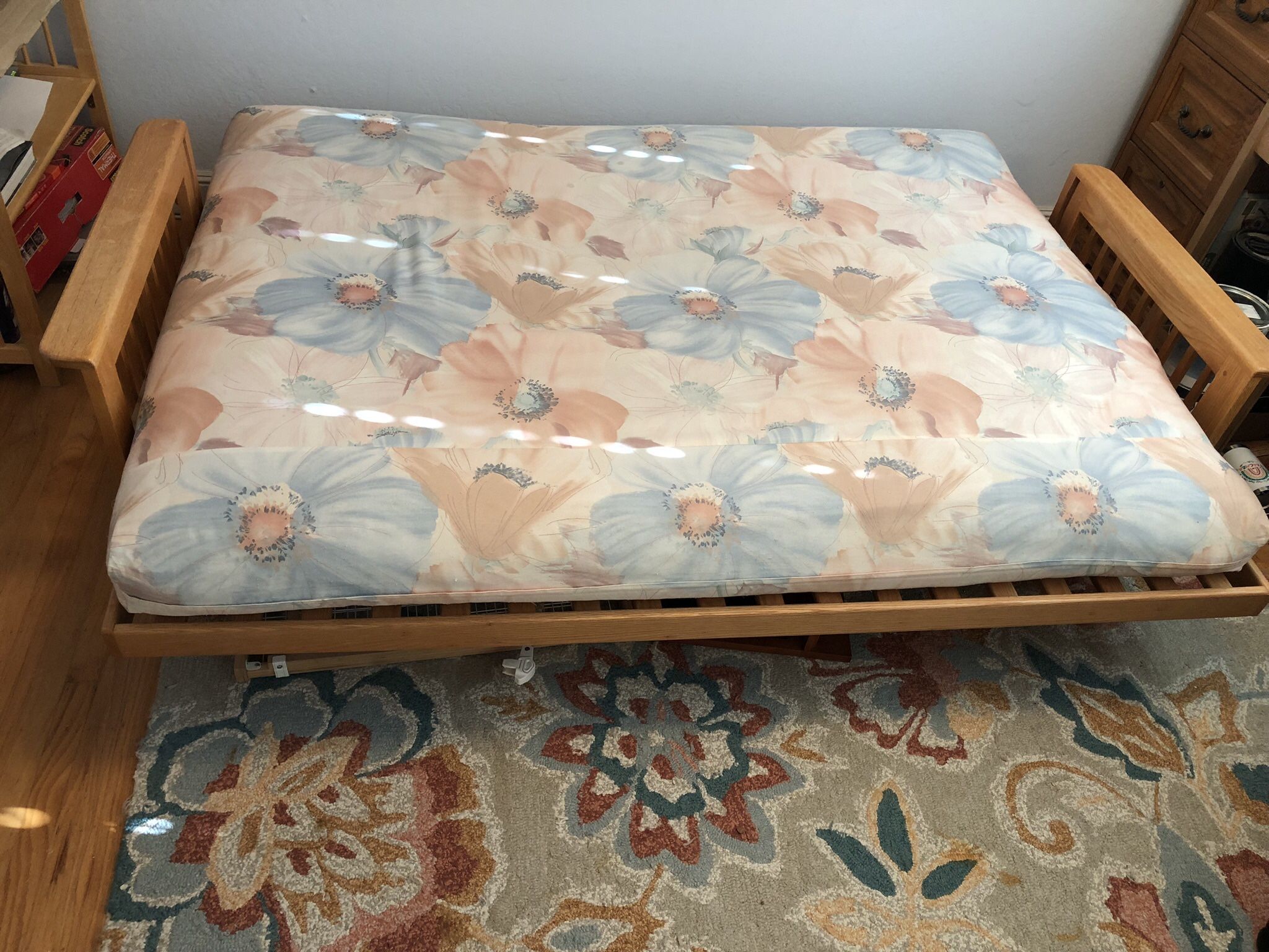 Oak Futon Couch/Queensize With Mattress