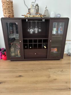 Dark Espresso Bar Cabinet with Wine Rack & Glass Holders