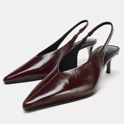 NEW ZARA WOMAN BURGUNDY LEATHER SLINGBACKS SIZE US6 1212/610/022