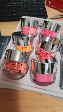 (6) 15g jars of Gellen Professional Dip Powder in bright pink and orange shades