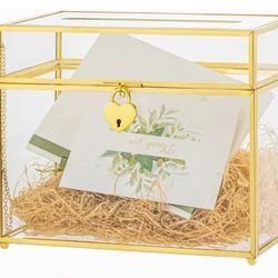New  Glass Wedding Card Box with  Slot and gold heart shaped Loc