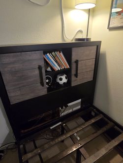 Twin bedframe with Bookcase Storage headboard with lights