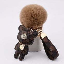 Teddy Bear Keychain Brown Checkered With Pom Pom