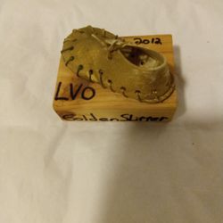 2012 AMERICAN  INDIAN  JARED ? OIL ON HAND MADE LEATHER  BABY SHOEON WOOD  SCULPTURE 