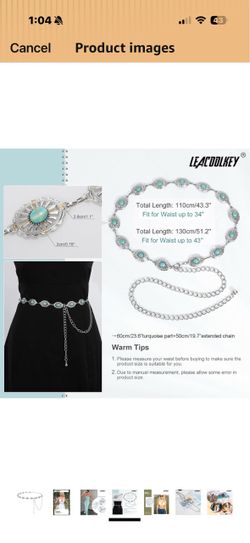 Women Turquoise Concho Chain Waist Belt Silver