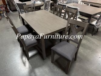 7 Piece Dining Set Table and Chair Set Nail head Nailhead Trim Gray Modern Contemporary Kitchen Fabric Upholstered Cushion Ashley Style Clearance SALE