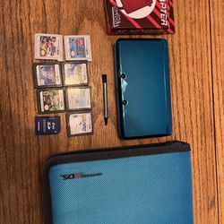 Nintendo 3DS Shiny Blue Game System, New Large Case & Charger, 7 Games, 2Gb Memory 