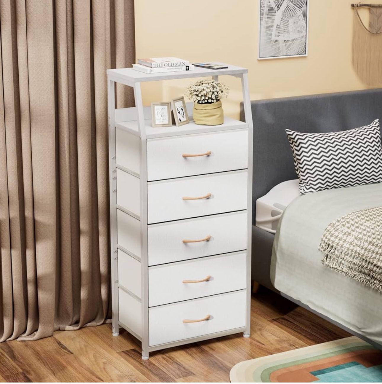 Wood Top Dresser Nightstand Storage with 5 Fabric Drawers Size Length 16", Width 12", Height 43" New condition assembled
