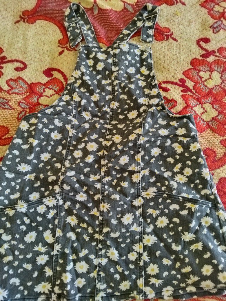 Black Flower Print Overall Dress W Pockets