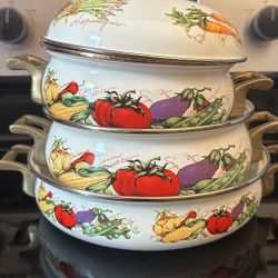 Vintage Enamelware Cookware Set: Vegetable Motif, Brass Handles