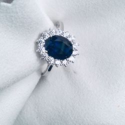 925 Sterling Silver Halo Simulated Diamonds Sapphire