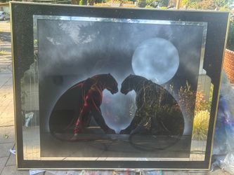 Framed 80s Art Deco Double Black Panther Beveled Mirror Laurel Art Studios