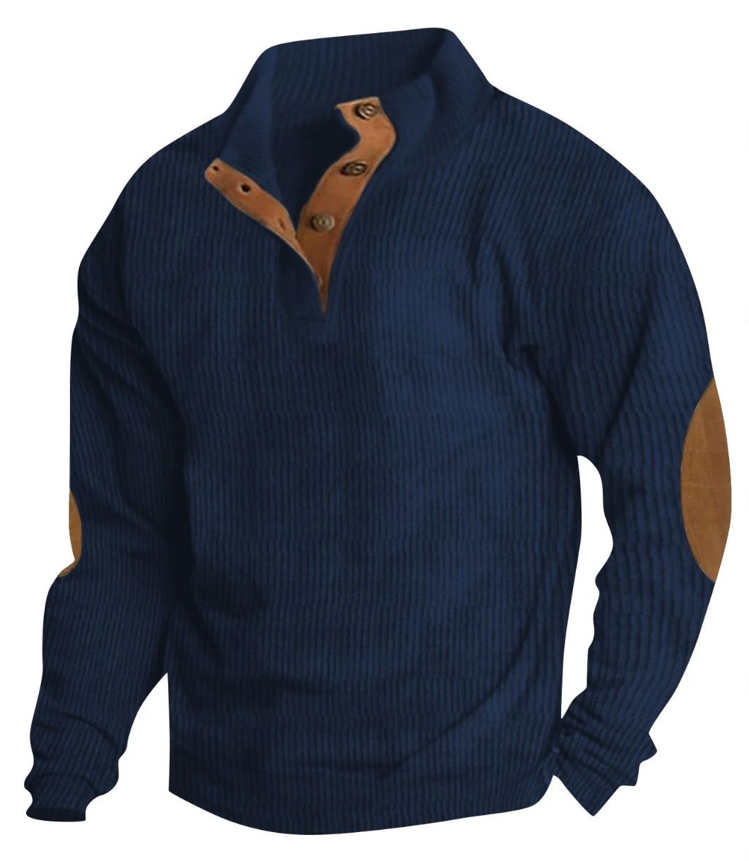 Men Fashion Corduroy 1/4 Button Up, Elbow Patch, Pull Over Sweatshirt (Navy Blue) Size 3XL 