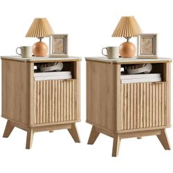 Modern Fluted Nightstands, 18'' Side Tables with Faux Marble Top & Charging Station,Natural Oak