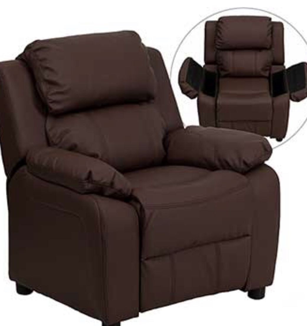 Deluxe Padded Contemporary Kids Recliner with Storage Arms, Leather, Brown