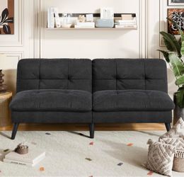 Futon Sofa Bed Velvet Futon Couch with Adjustable Backrest, Small Convertible Folding Sleeper Sofa Bed. Color- Black