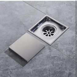 Brushed Nickel Shower Drain 4 Inch Square for Bathroom Invisible Inlay Tile Square Plate Cover Adjustable Flange Kit, Sus304 Stainless Steel