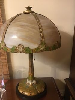 Antique stain Glass lamp with original paint and stained glass shade, Early 1900.
