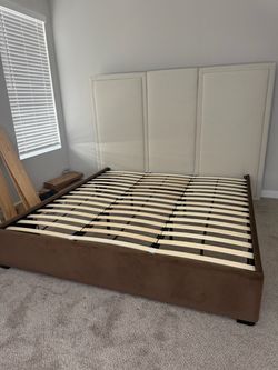 King Size Upholstered Platform Bed With Extra High Headboard And 2 Extra Large Capacity Drawers