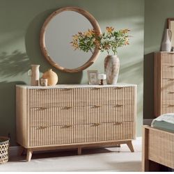 Drawers Dresser, 6 54" Wide Modern Chest of Drawers with Faux Marble Top, Curved Profile Design, Dresser TV Stand, Wood Drawer Organizer for Bedroom