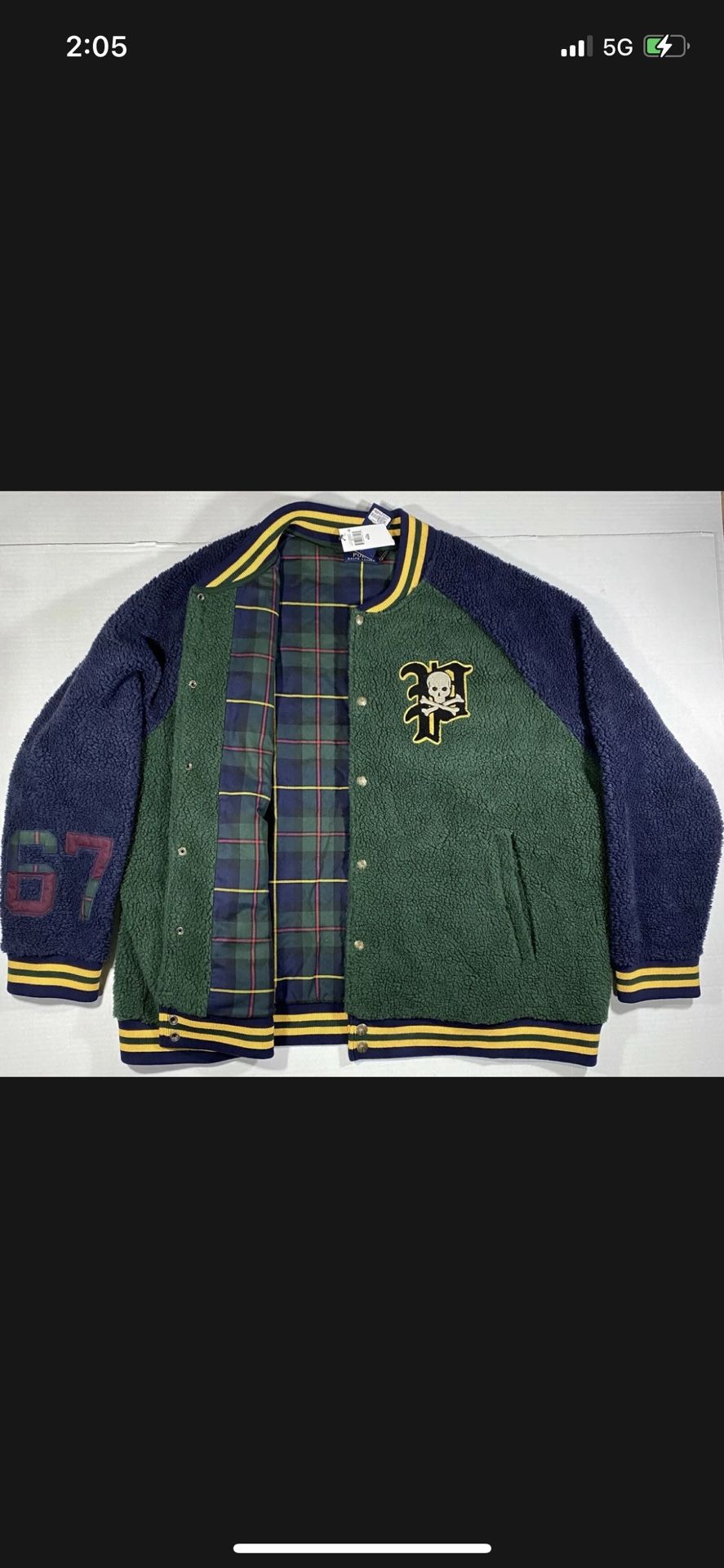 PoloRalph Lauren Mens Sherpa Varsity Skull Jacket Green Navy 