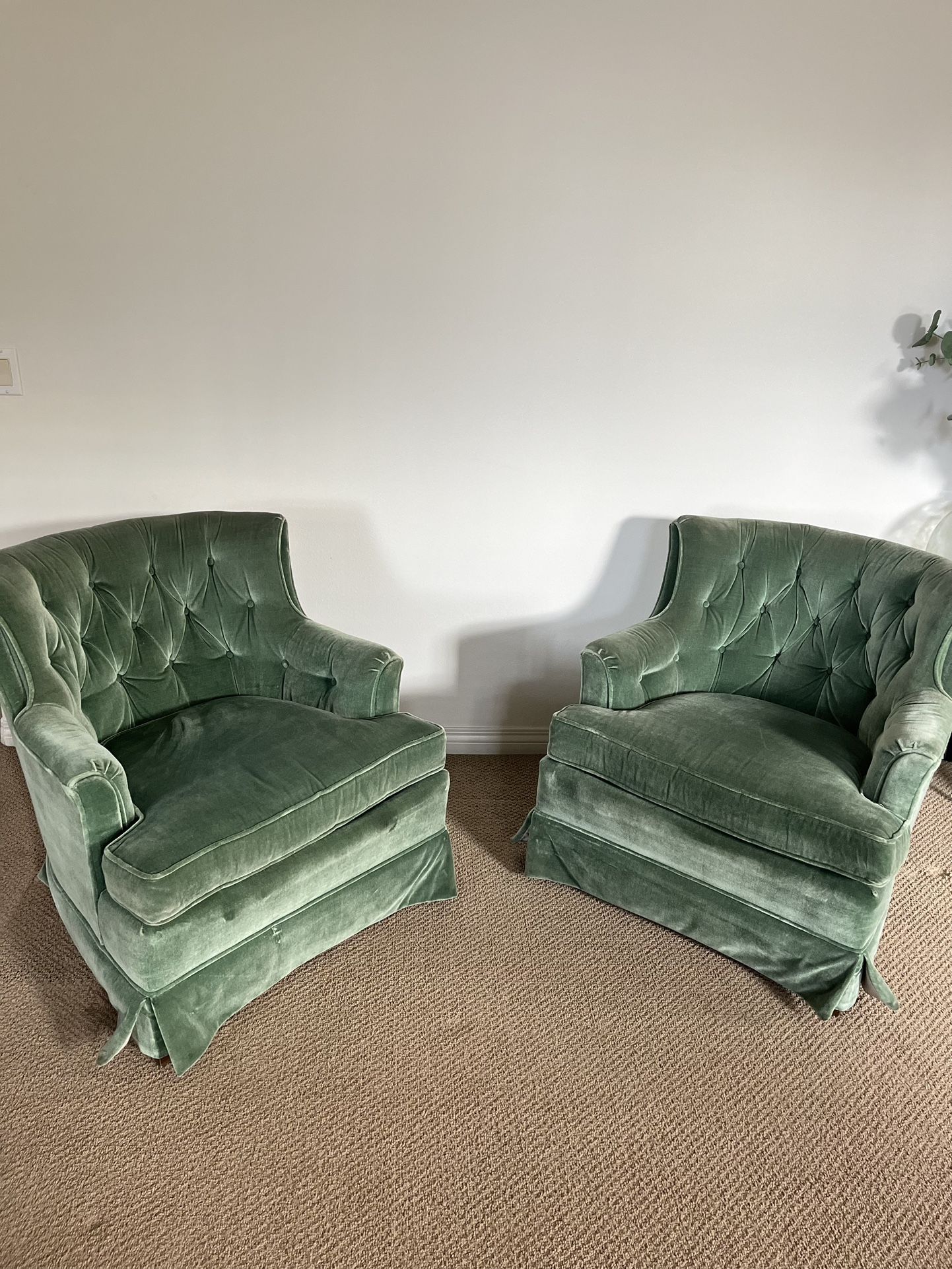 Green velvet vintage Drexel Heritage armchairs