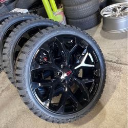 22” SNOWFLAKES GLOSS BLACK WHEELS & ALL TERRAIN TIRES (4) NEW-WE FINANCE