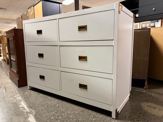 White Modern Campaign Style 6-Drawer Dresser w/ Brass Handles