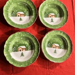 Set of 4 - The  Cellar LOG CABIN Shallow Rimmed Dessert Salad Bowls 10-1/4”