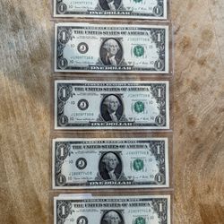 5 Consecutive Uncirculated 1969D Kansas City $1 Federal Reserve Notes